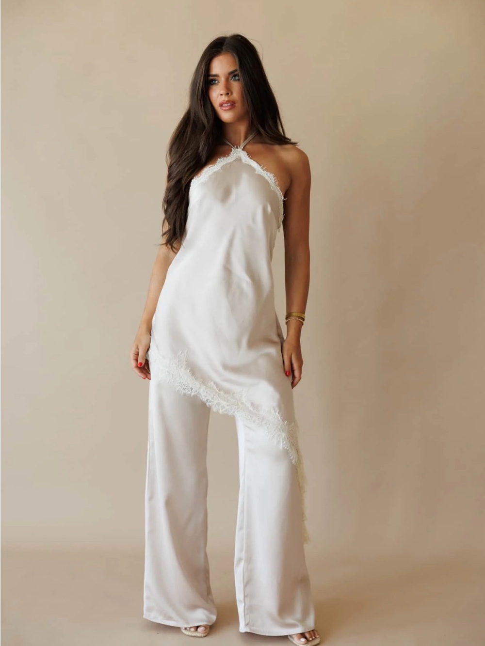 Silk-Look Lace Trim Halter jumpsuit in Ivory from Lane201